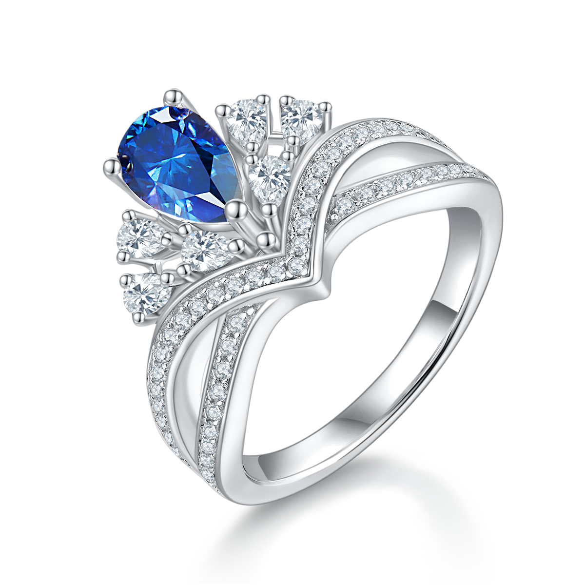 1.0 CT D Color Colored Moissanite V-Shaped Elegant Pear Drop Ring in White Gold Plated Sterling Silver#3