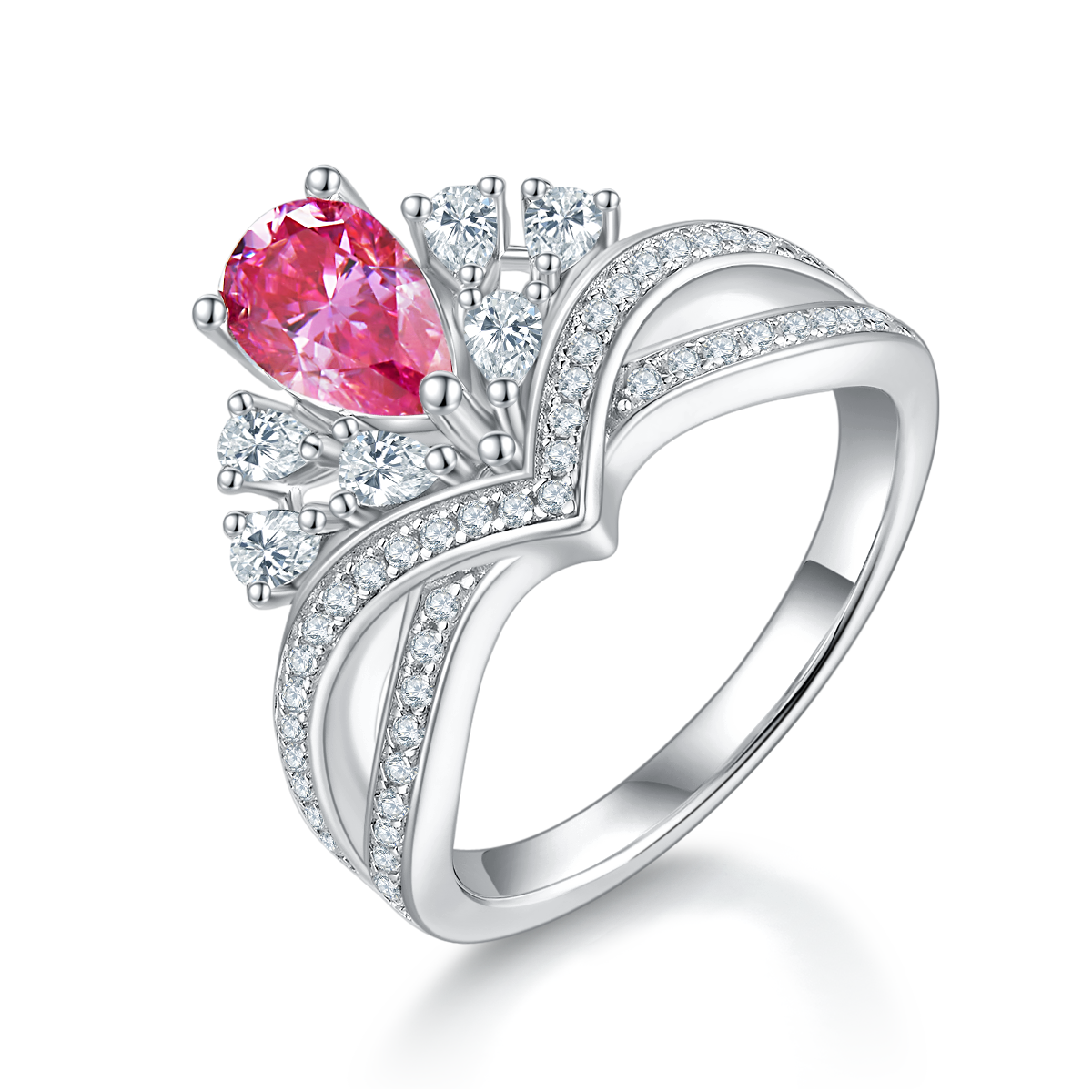 1.0 CT D Color Colored Moissanite V-Shaped Elegant Pear Drop Ring in White Gold Plated Sterling Silver#2