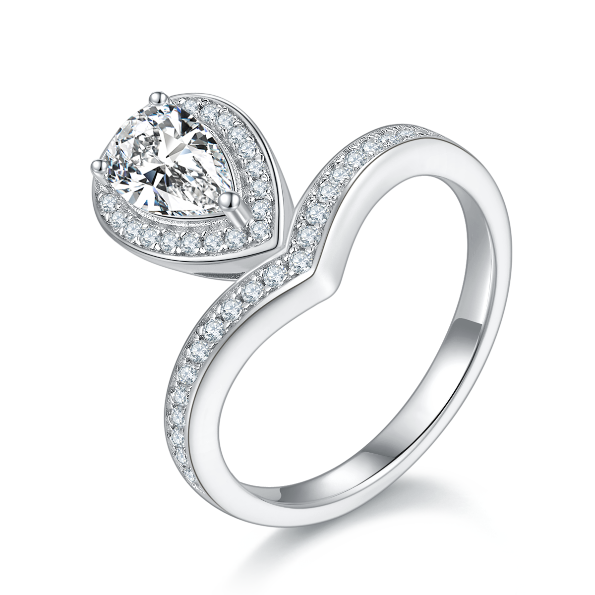 1.0 CT D Color Colored Moissanite V-Shaped Tiger Prong Pear Ring in White Gold Plated Sterling Silver#0