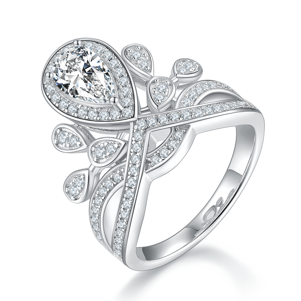 1.0 CT D Color Colored Moissanite V-Shaped Crown Pear Ring in White Gold Plated Sterling Silver#0