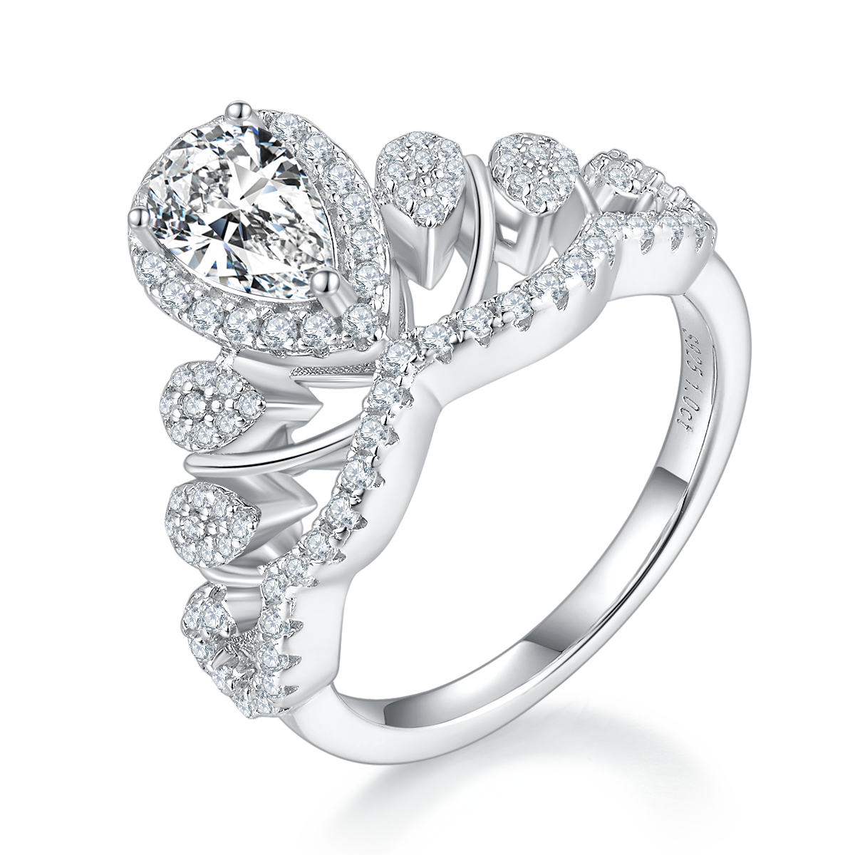 1.0 CT D Color Colored Moissanite V-Shaped Queen Pear Ring in White Gold Plated Sterling Silver#0
