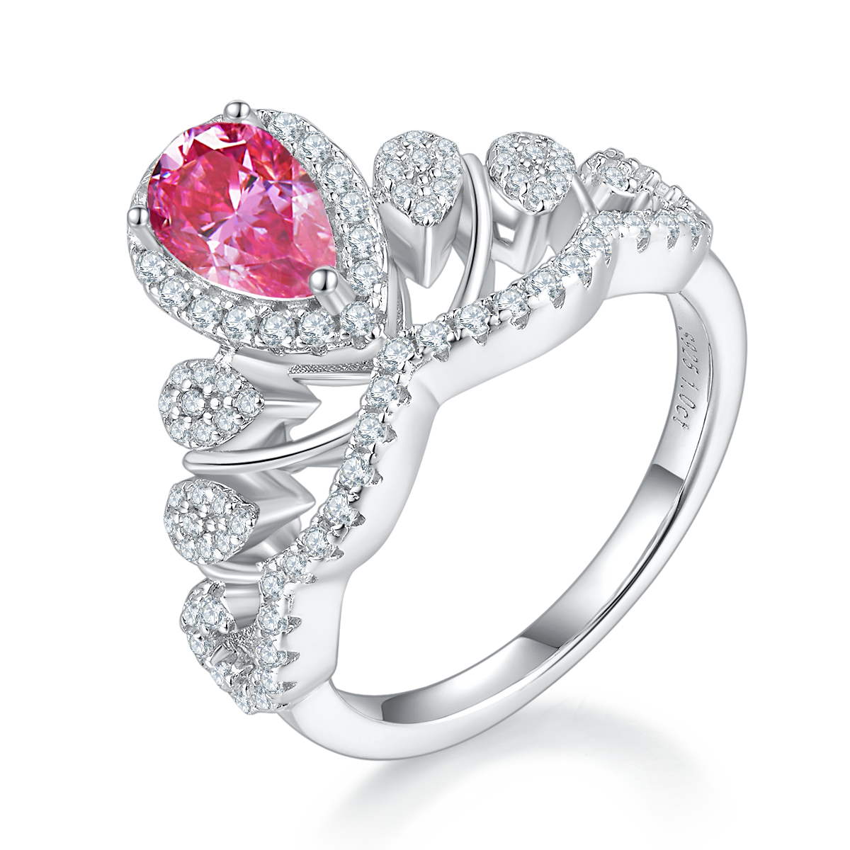 1.0 CT D Color Colored Moissanite V-Shaped Queen Pear Ring in White Gold Plated Sterling Silver#5