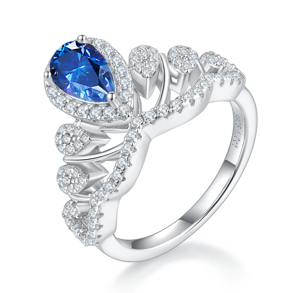 1.0 CT D Color Colored Moissanite V-Shaped Queen Pear Ring in White Gold Plated Sterling Silver#6