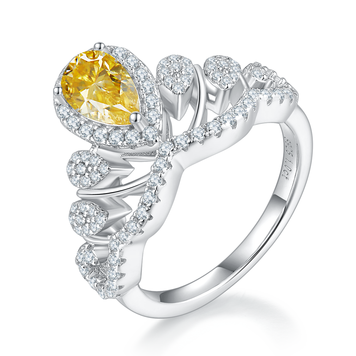 1.0 CT D Color Colored Moissanite V-Shaped Queen Pear Ring in White Gold Plated Sterling Silver#4