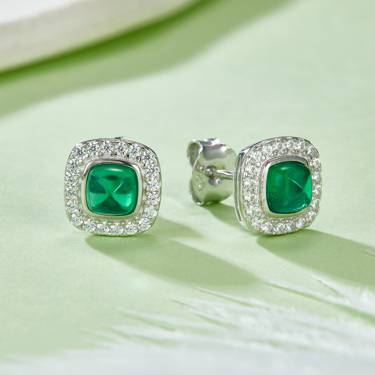 0.79 CT (4.0mm) Cushion Cut Lab-Grown Emerald Earrings in White Gold Plated Sterling Silver#1
