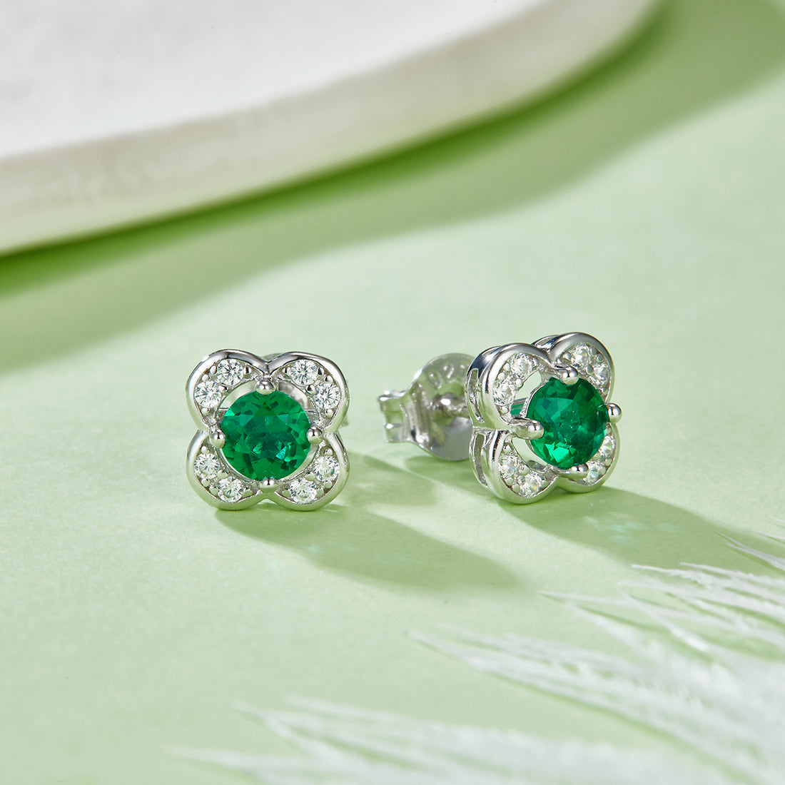 0.45 CT (4.0mm) Round Cut Lab-Grown Emerald Earrings in White Gold Plated Sterling Silver#0