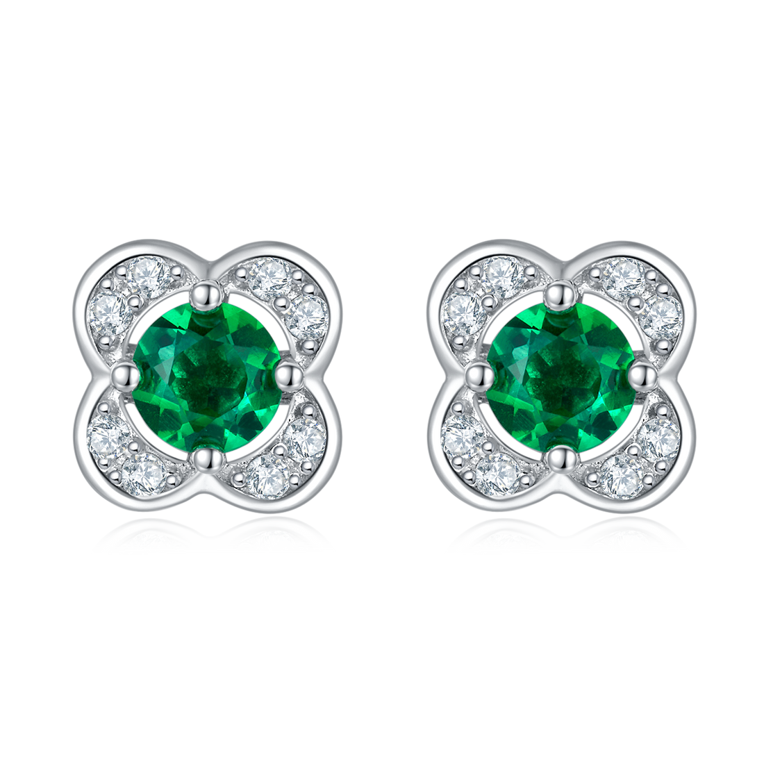 0.45 CT (4.0mm) Round Cut Lab-Grown Emerald Earrings in White Gold Plated Sterling Silver#0