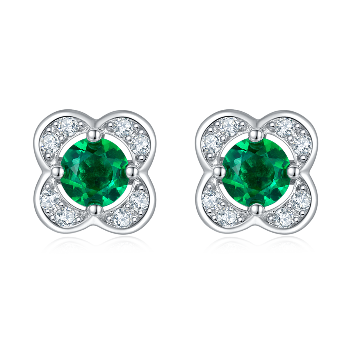 0.45 CT (4.0mm) Round Cut Lab-Grown Emerald Earrings in White Gold Plated Sterling Silver#0