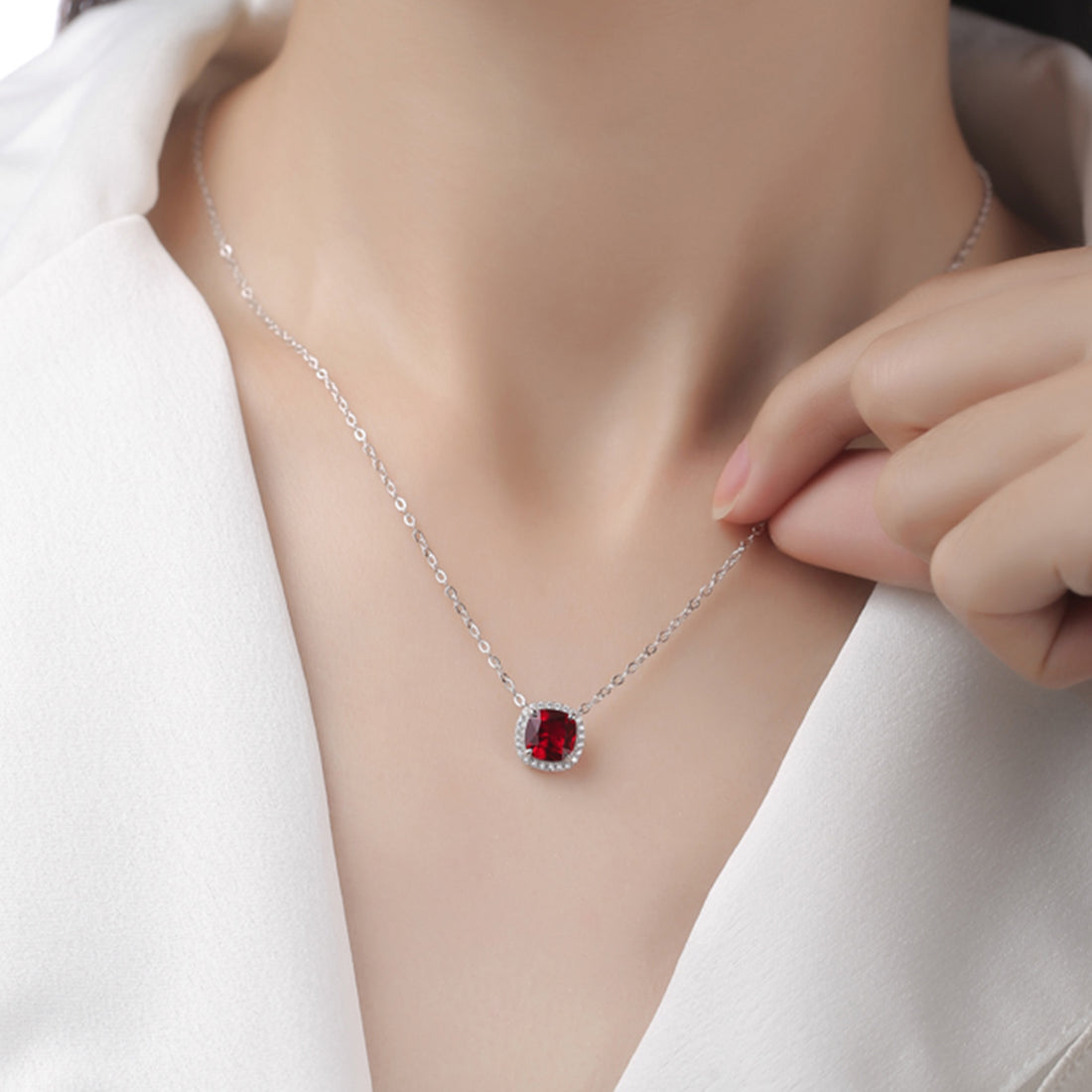 1.5 CT Cushion Cut Lab-Grown Colored Gemstone Necklace in White Gold Plated Sterling Silver#0