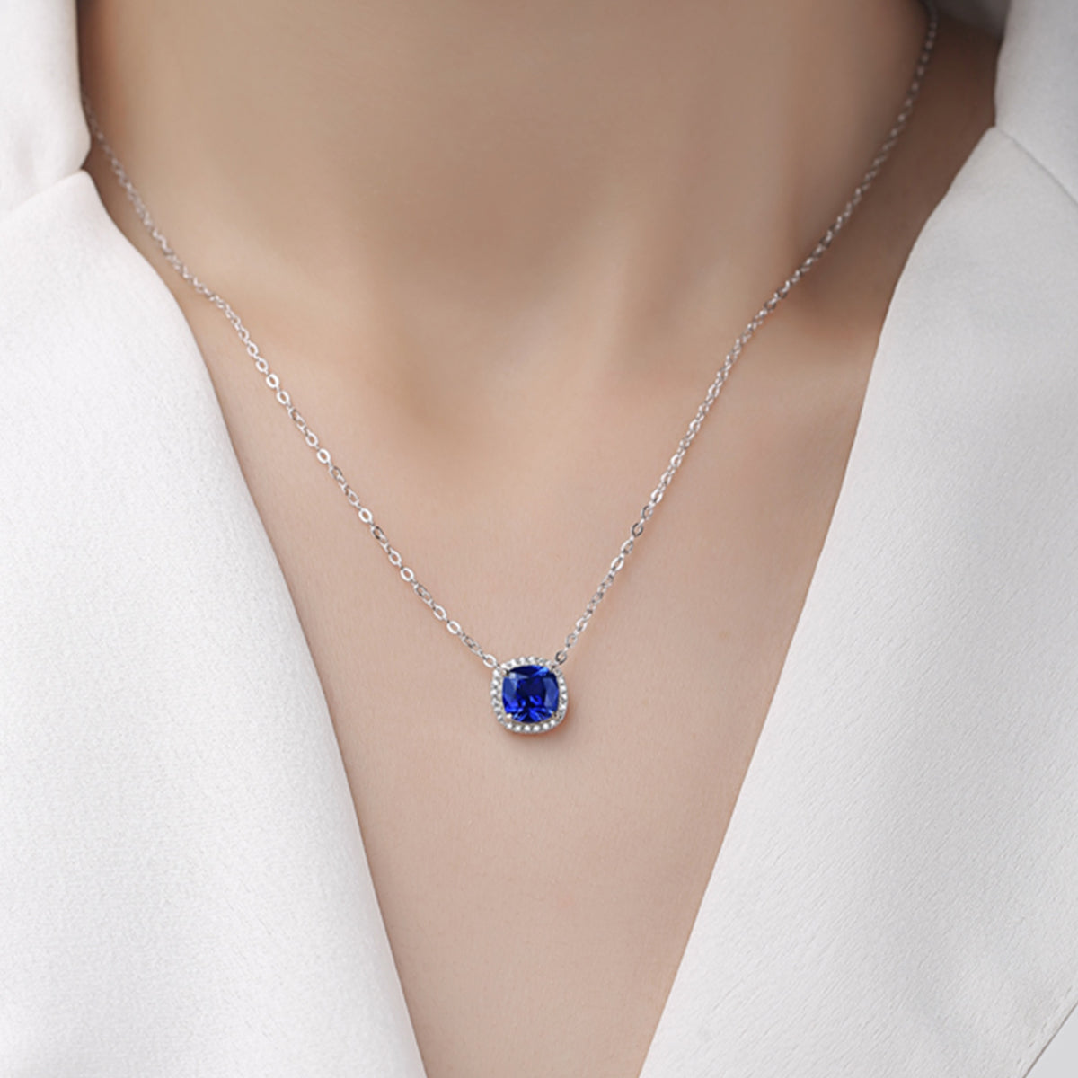 1.5 CT Cushion Cut Lab-Grown Colored Gemstone Necklace in White Gold Plated Sterling Silver#9
