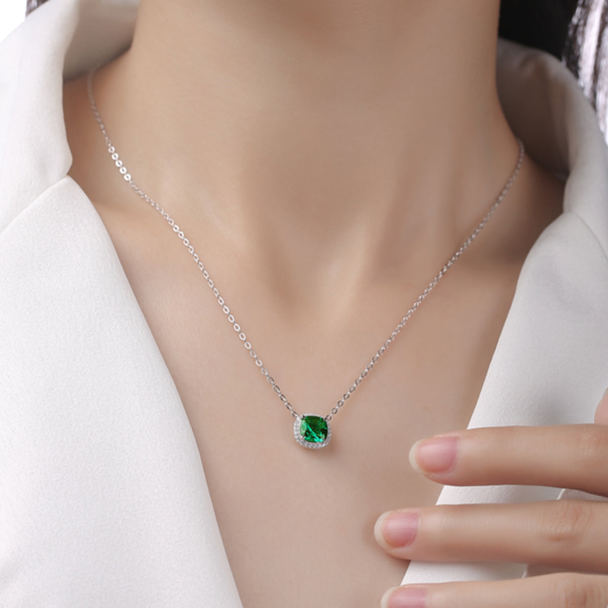 1.5 CT Cushion Cut Lab-Grown Colored Gemstone Necklace in White Gold Plated Sterling Silver#7