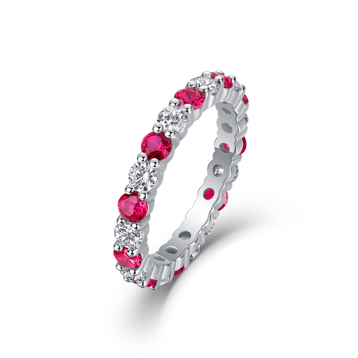 Lab-Grown Colored Gemstone and Moissanite Full Eternity Band in 18K White Gold Plated Sterling Silver#0