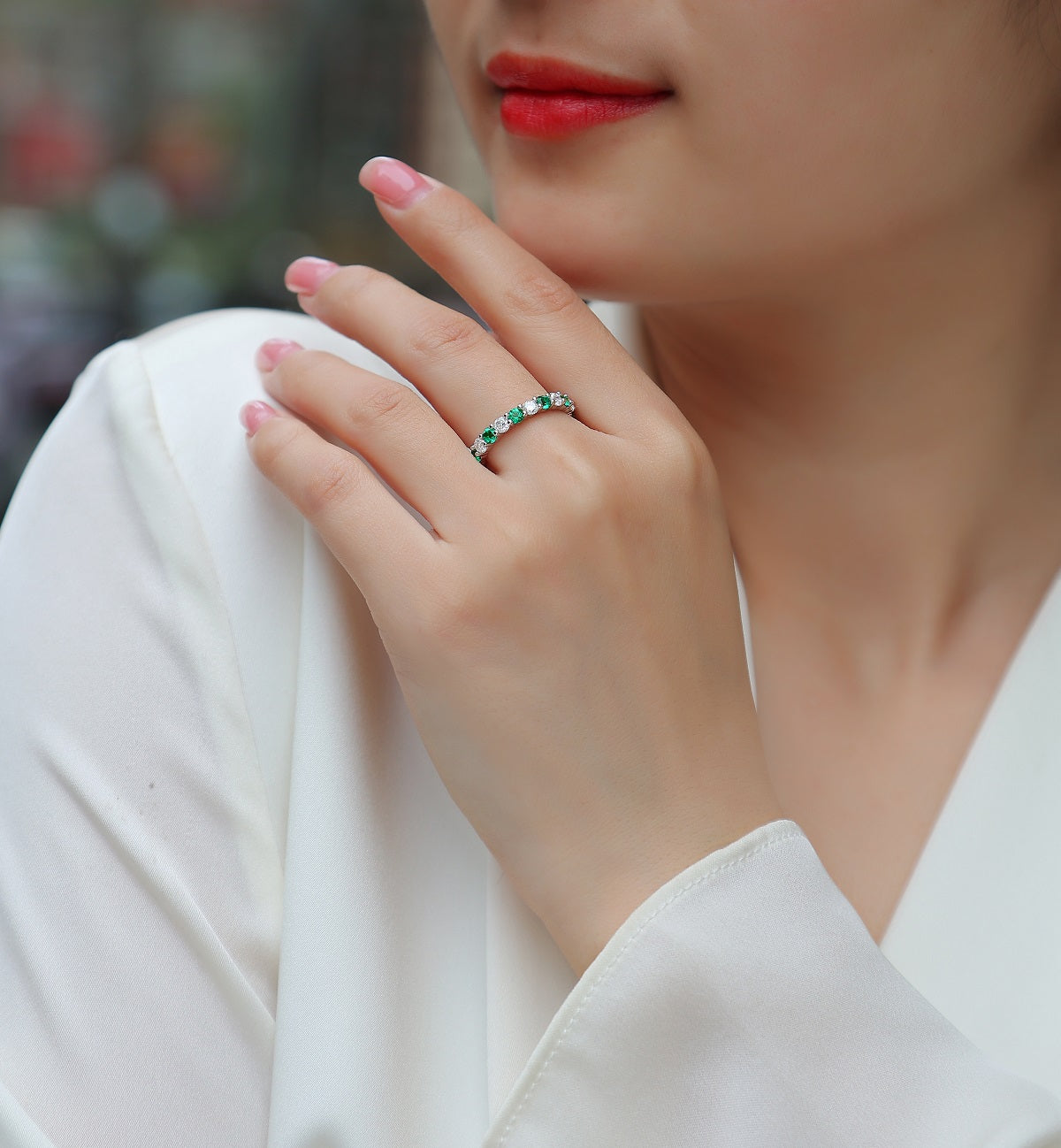 Lab-Grown Colored Gemstone and Moissanite Full Eternity Band in 18K White Gold Plated Sterling Silver#7