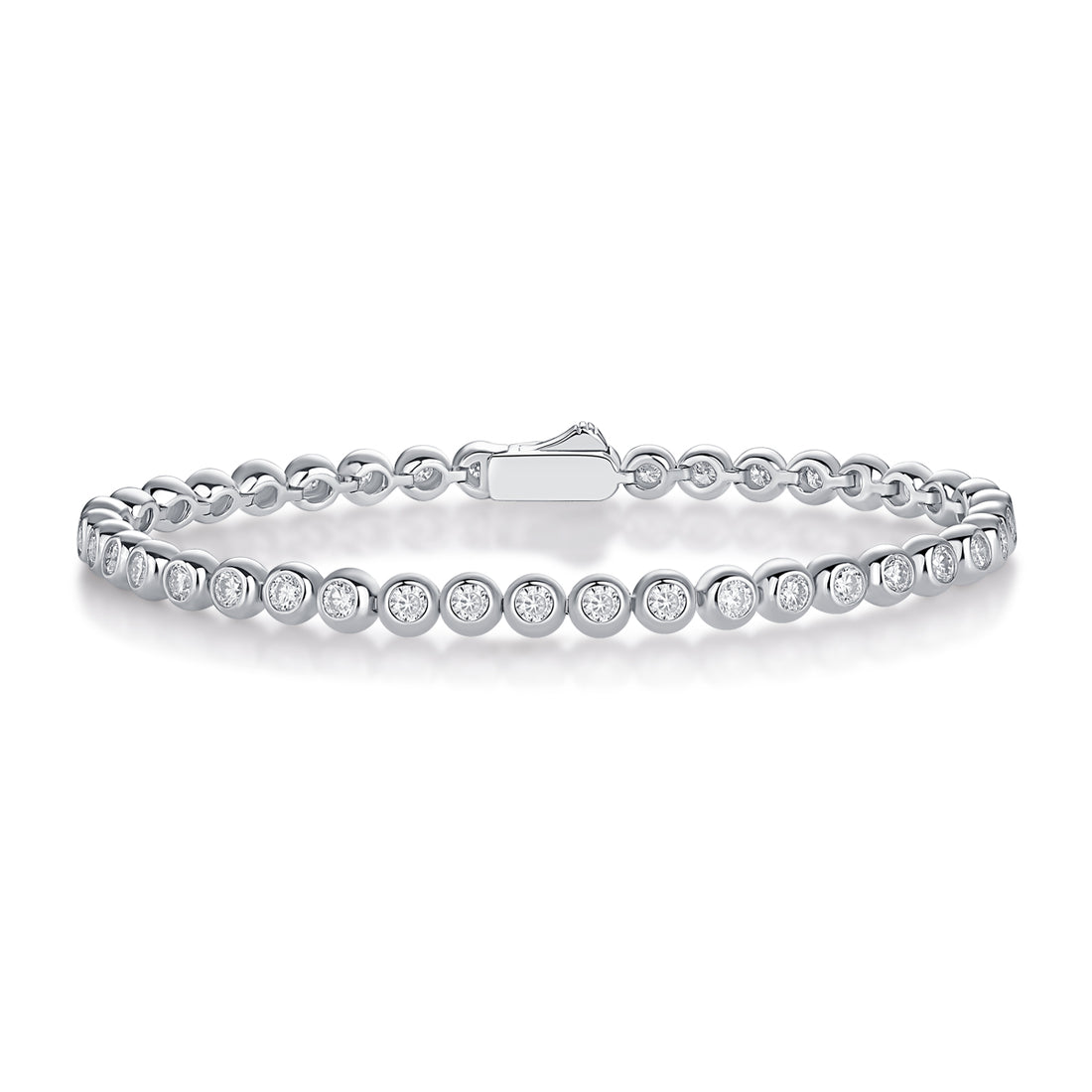Bezel Set Round Cut Moissanite Tennis Bracelet (2.5mm Each) in 18K White Gold Plated Sterling Silver#0