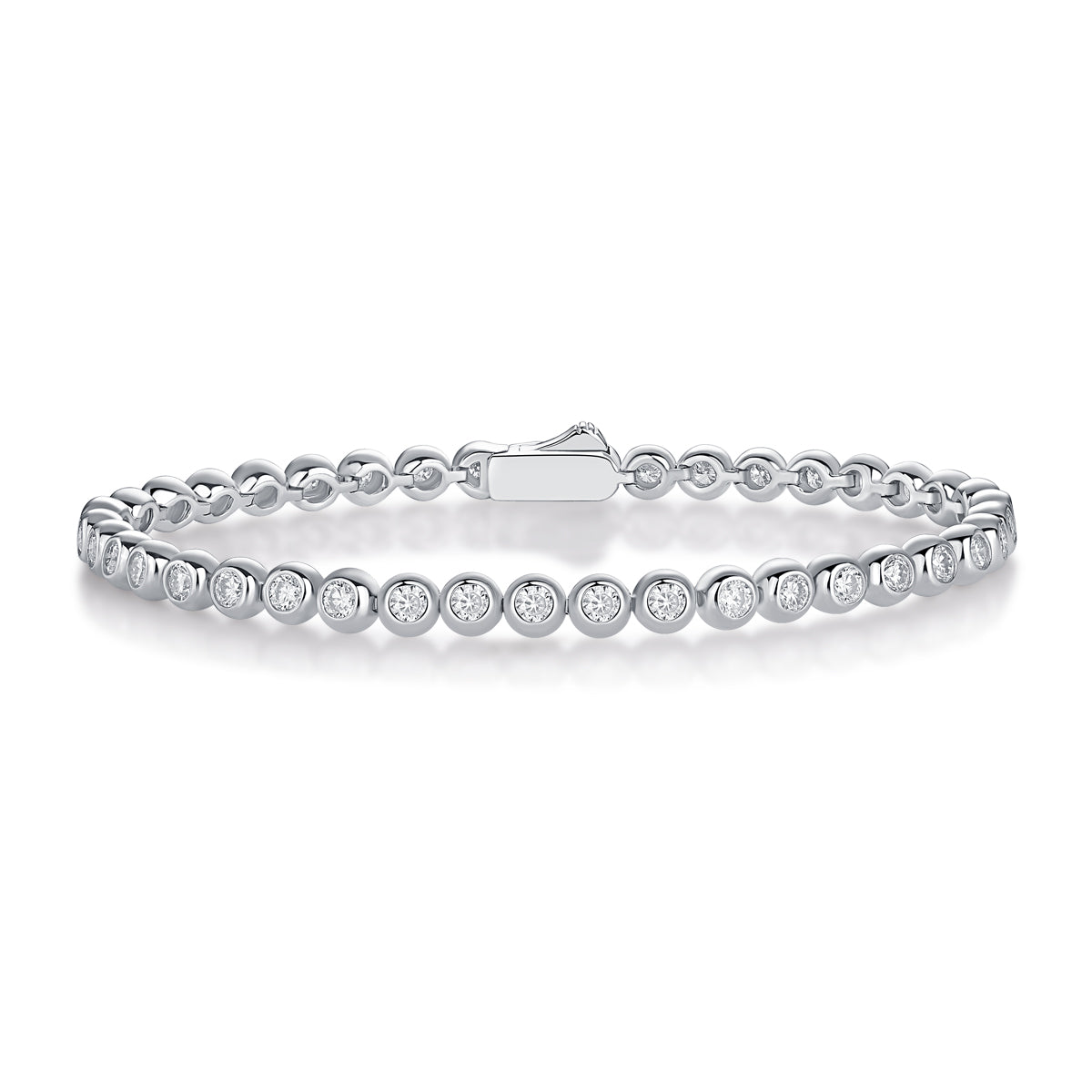 Bezel Set Round Cut Moissanite Tennis Bracelet (2.5mm Each) in 18K White Gold Plated Sterling Silver#0