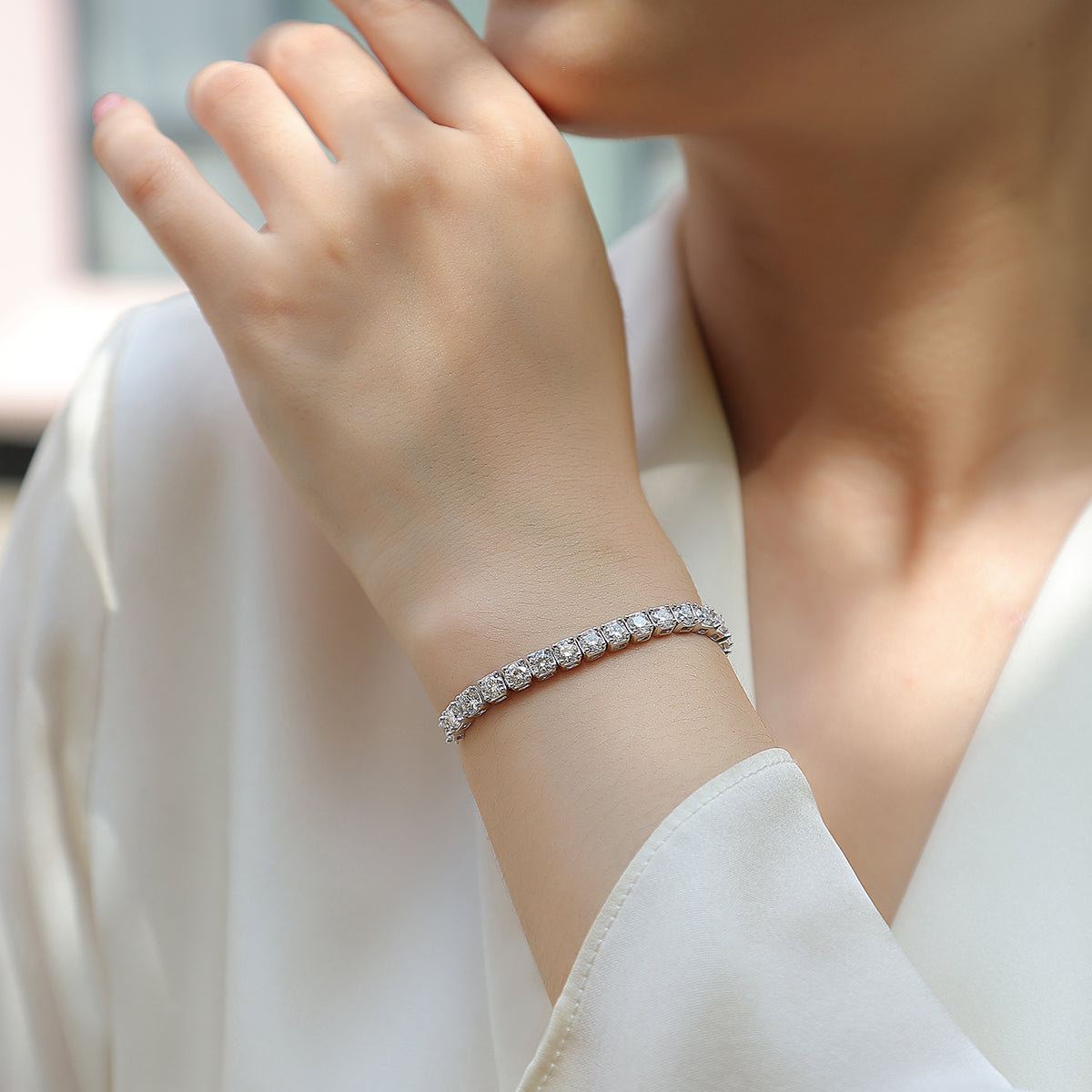Moissanite Adjustable Bracelet in 18K White Gold Plated Sterling Silver#4