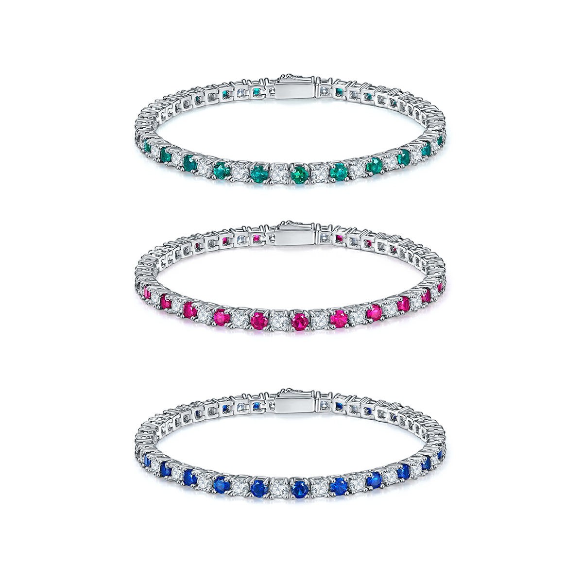 3.0mm Each Round Cut Lab-Grown Colored Gemstone Tennis Bracelet in 18K White Gold Plated Sterling Silver#3