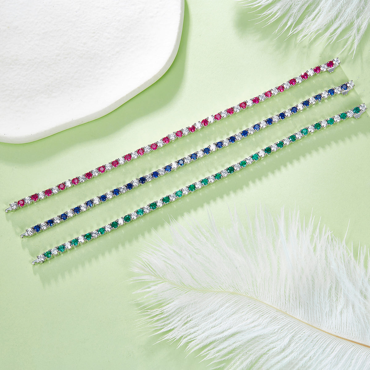 3.0mm Each Round Cut Lab-Grown Colored Gemstone Tennis Bracelet in 18K White Gold Plated Sterling Silver#7