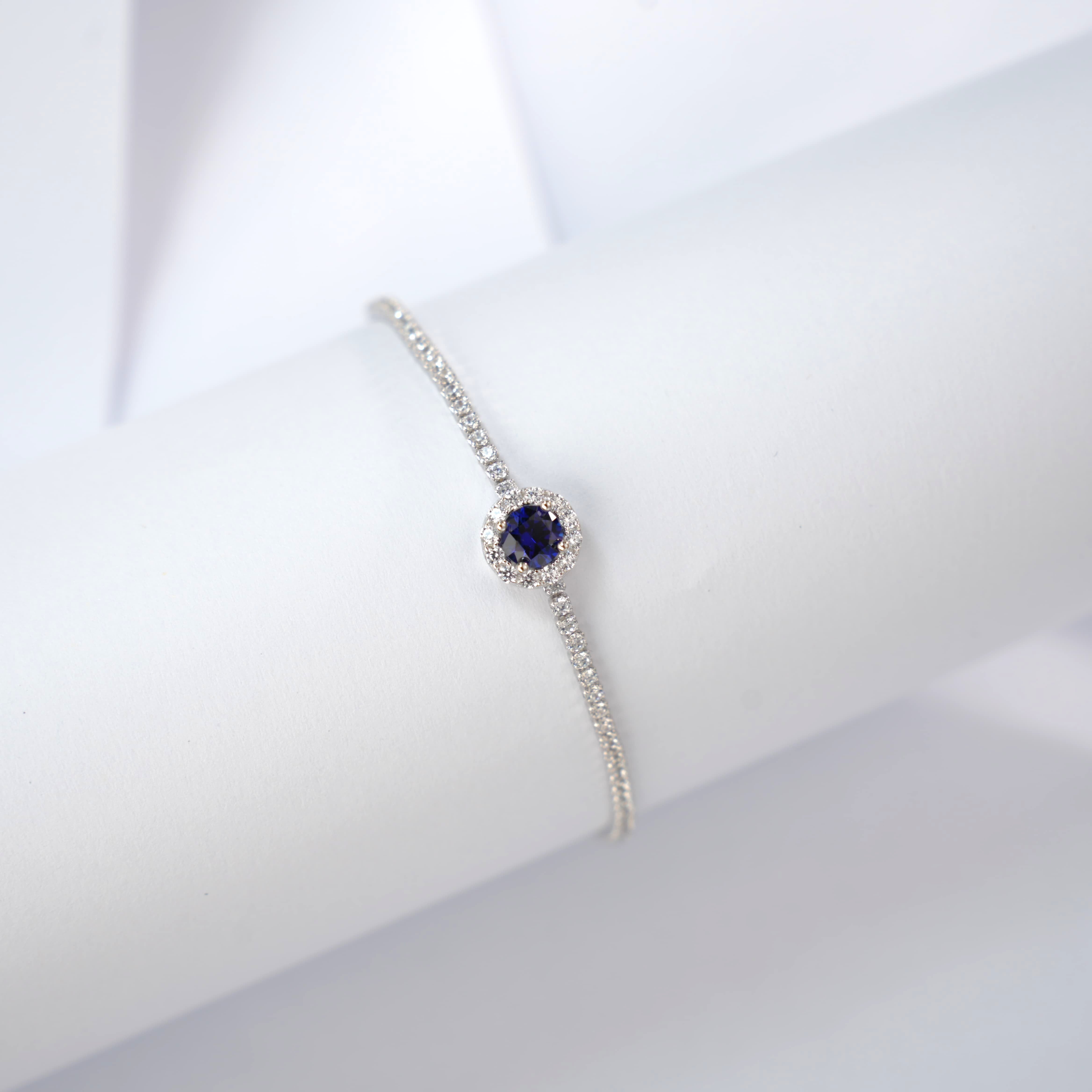 5.0mm Main Stone Round Cut Lab-Grown Colored Gemstone Bracelet in 18K White Gold Plated Sterling Silver#7