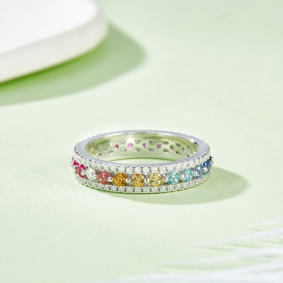Round Cut Lab-Grown Colored Gemstone & Moissanite Rainbow Ring in 18K White Gold Plated Sterling Silver#1