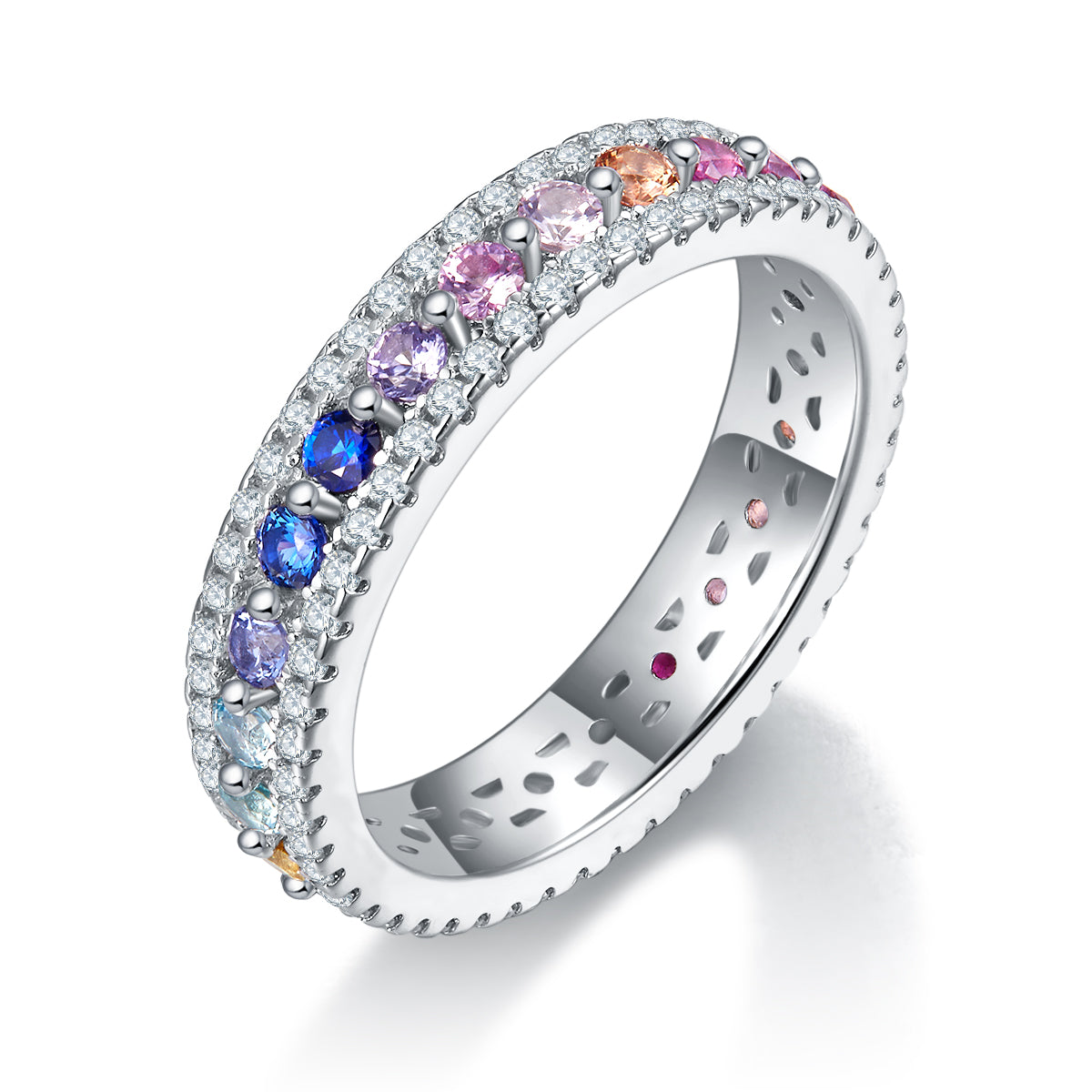 Round Cut Lab-Grown Colored Gemstone & Moissanite Rainbow Ring in 18K White Gold Plated Sterling Silver#0