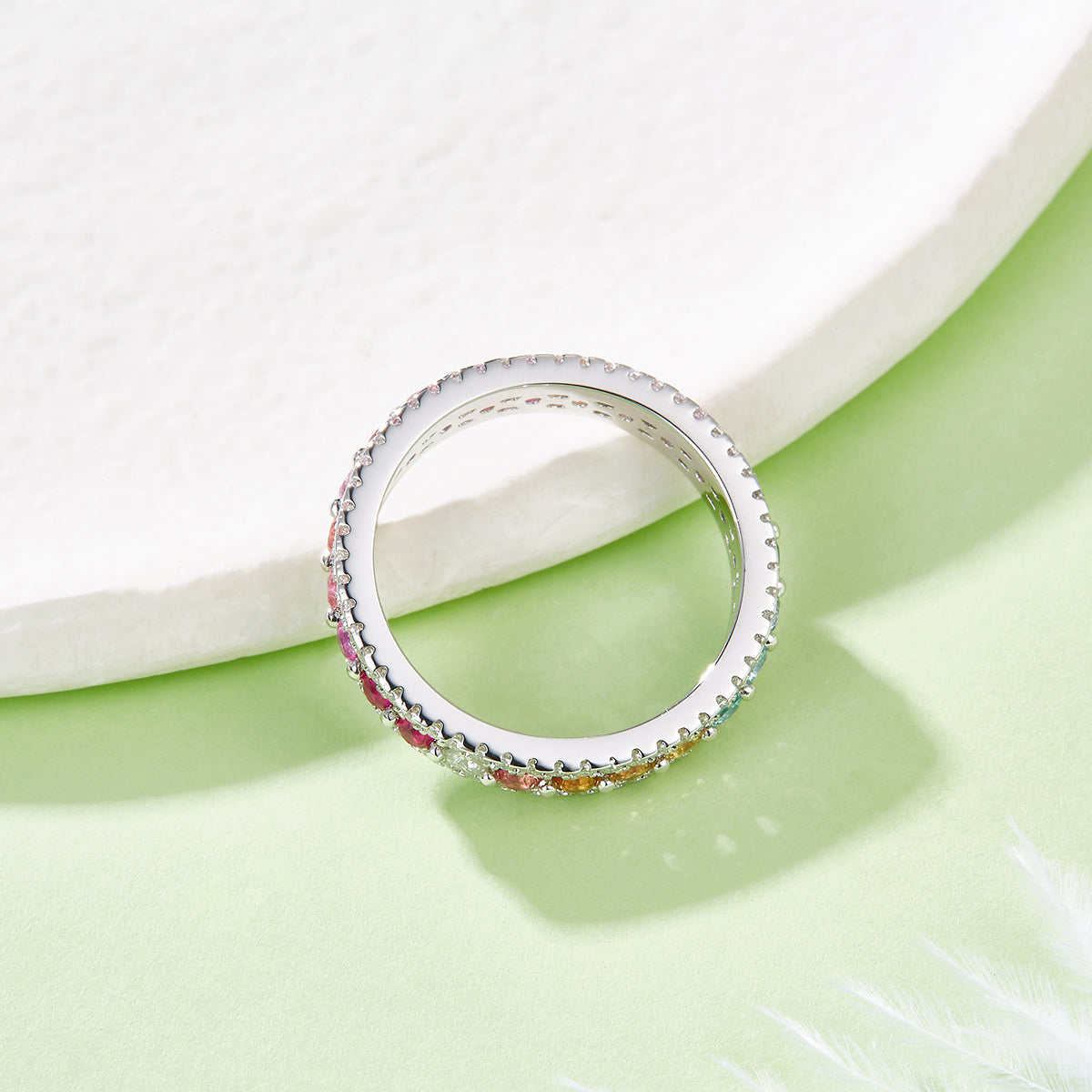 Round Cut Lab-Grown Colored Gemstone & Moissanite Rainbow Ring in 18K White Gold Plated Sterling Silver#2