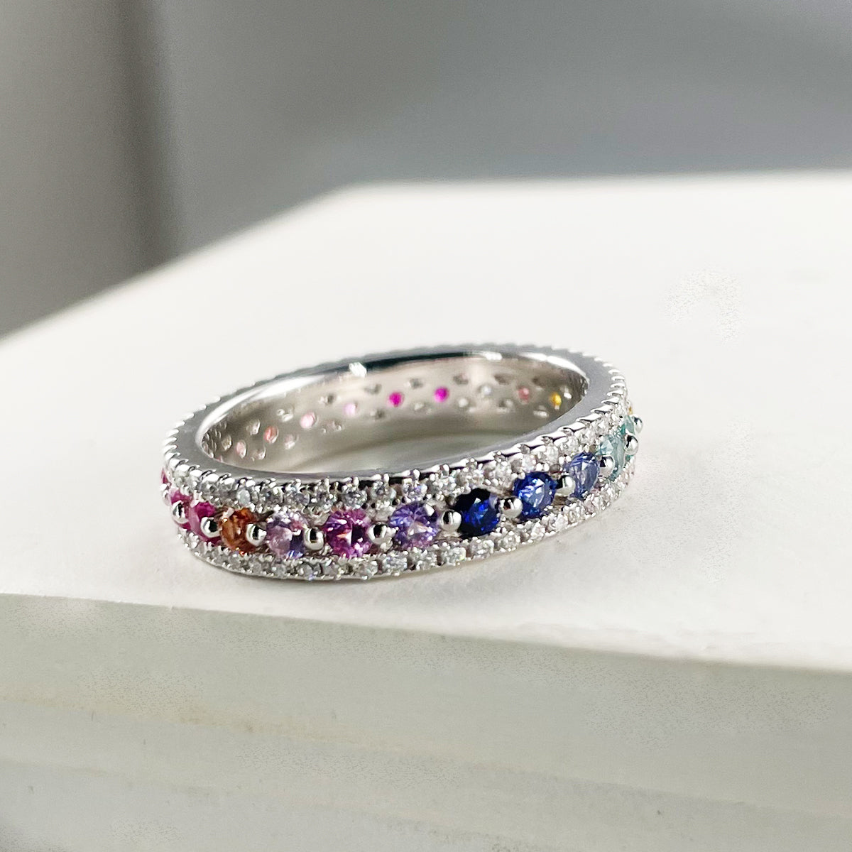 Round Cut Lab-Grown Colored Gemstone & Moissanite Rainbow Ring in 18K White Gold Plated Sterling Silver#4