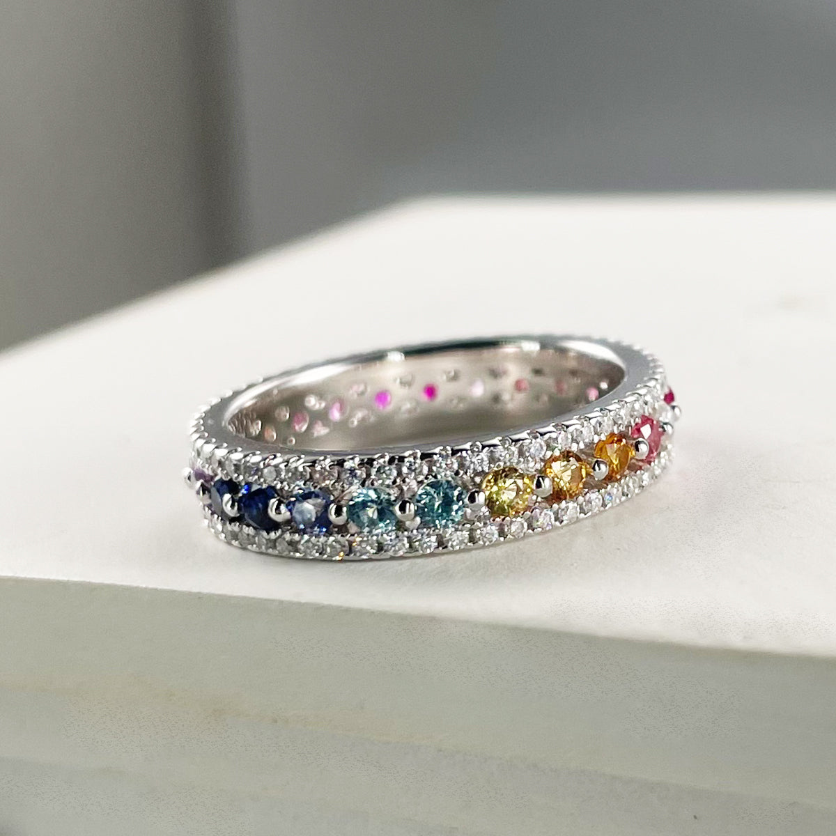 Round Cut Lab-Grown Colored Gemstone & Moissanite Rainbow Ring in 18K White Gold Plated Sterling Silver#5