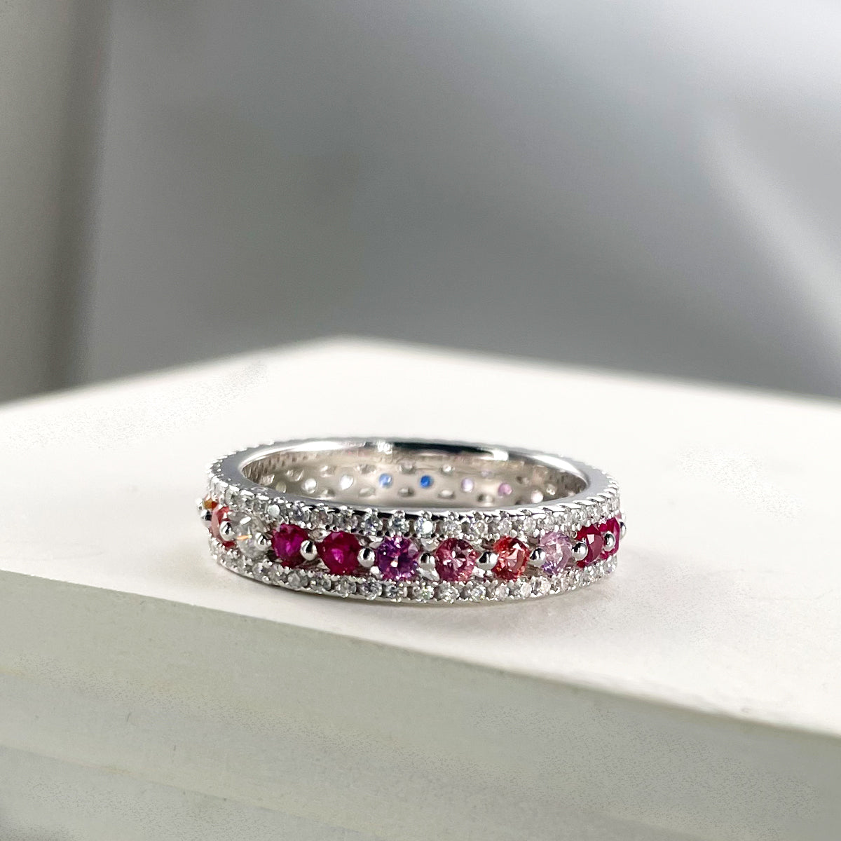 Round Cut Lab-Grown Colored Gemstone & Moissanite Rainbow Ring in 18K White Gold Plated Sterling Silver#3
