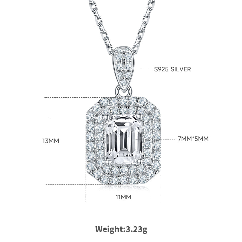 Emerald Cut Moissanite Halo Pendant & Stud Earrings Set in White Gold Plated Sterling Silver#0