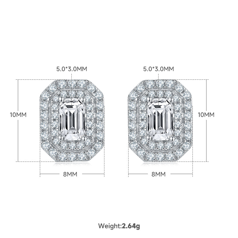 Emerald Cut Moissanite Halo Pendant & Stud Earrings Set in White Gold Plated Sterling Silver#1