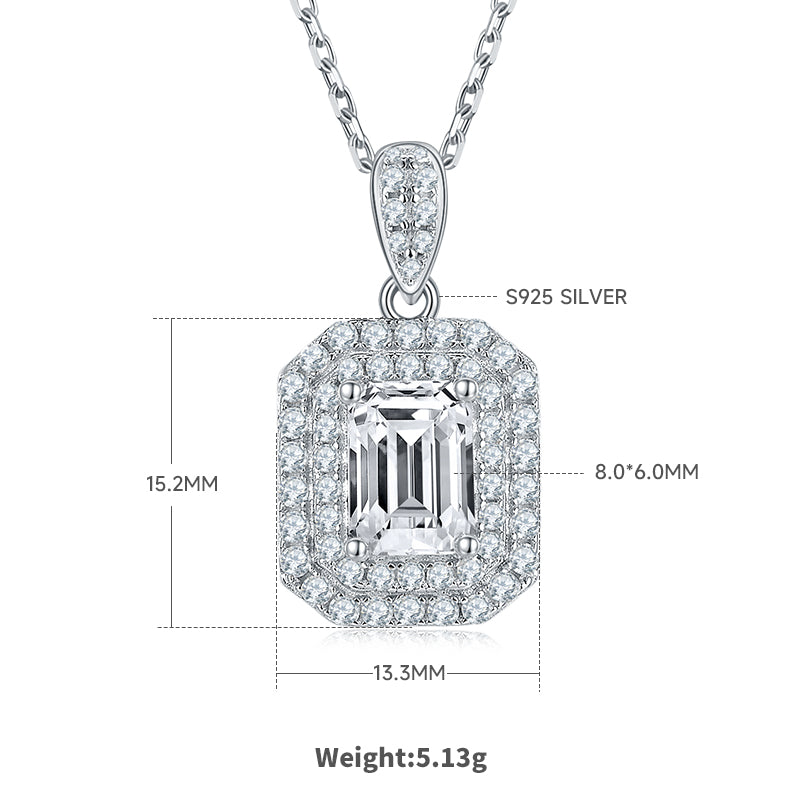 Emerald Cut Moissanite Halo Pendant & Stud Earrings Set in White Gold Plated Sterling Silver#2