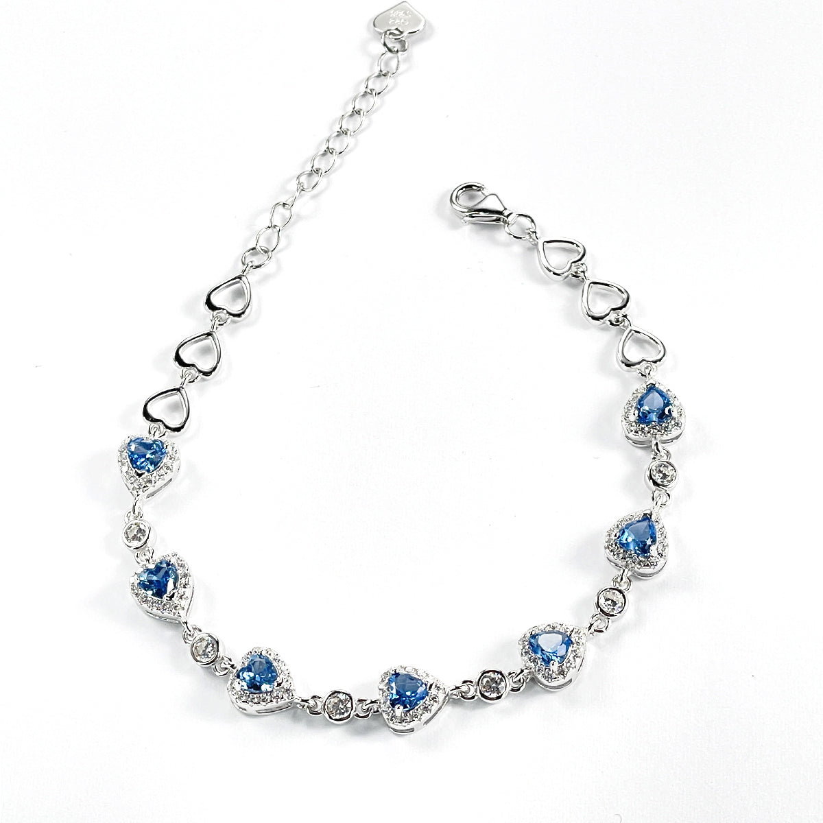 Heart Cut Simulated Diamond & Blue Spinel Bracelet in 18K White Gold Plated Sterling Silver#1