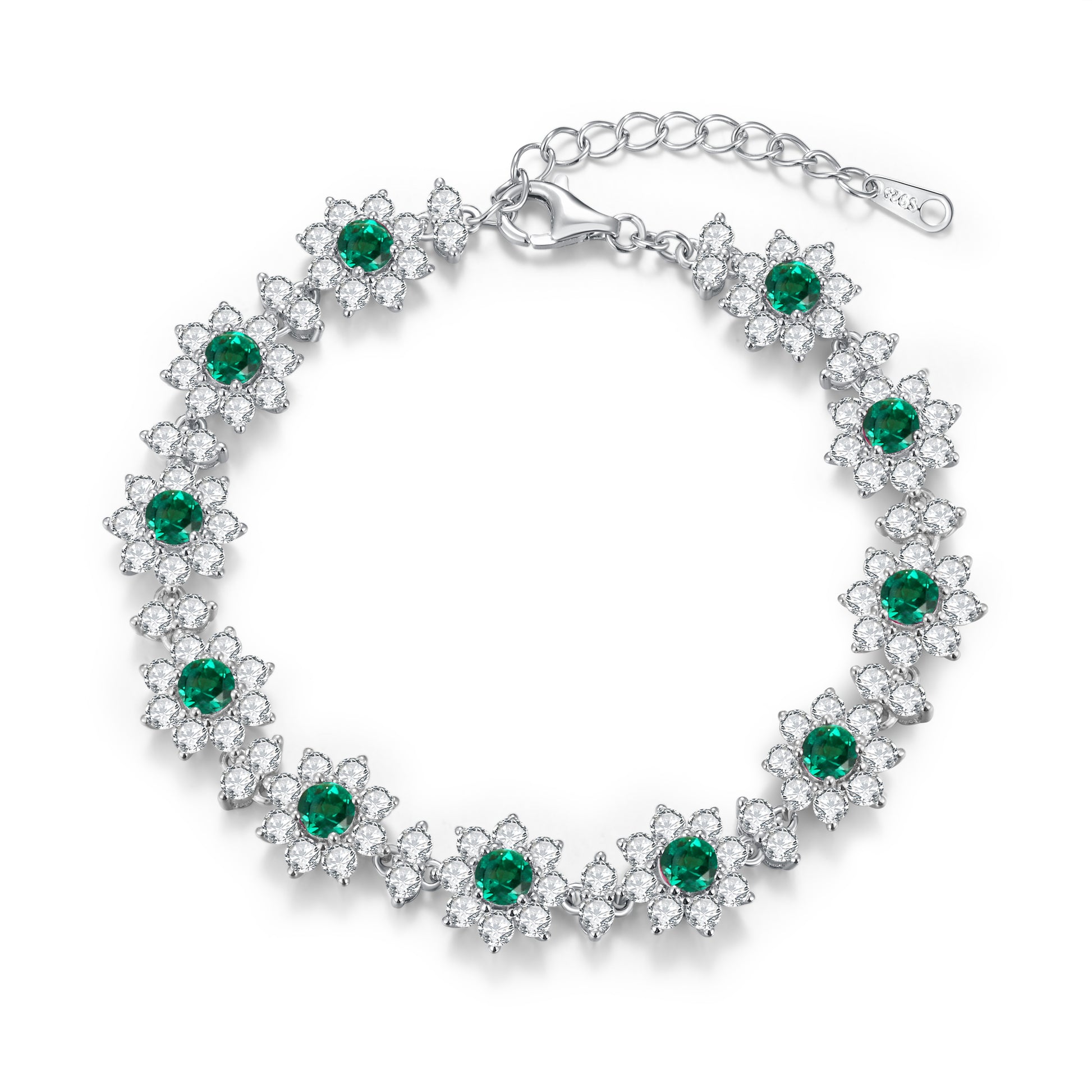 Lab-Grown Colored Gemstone Floral Bracelet (Main Stone 4.0mm) in 18K White Gold Plated Sterling Silver#2