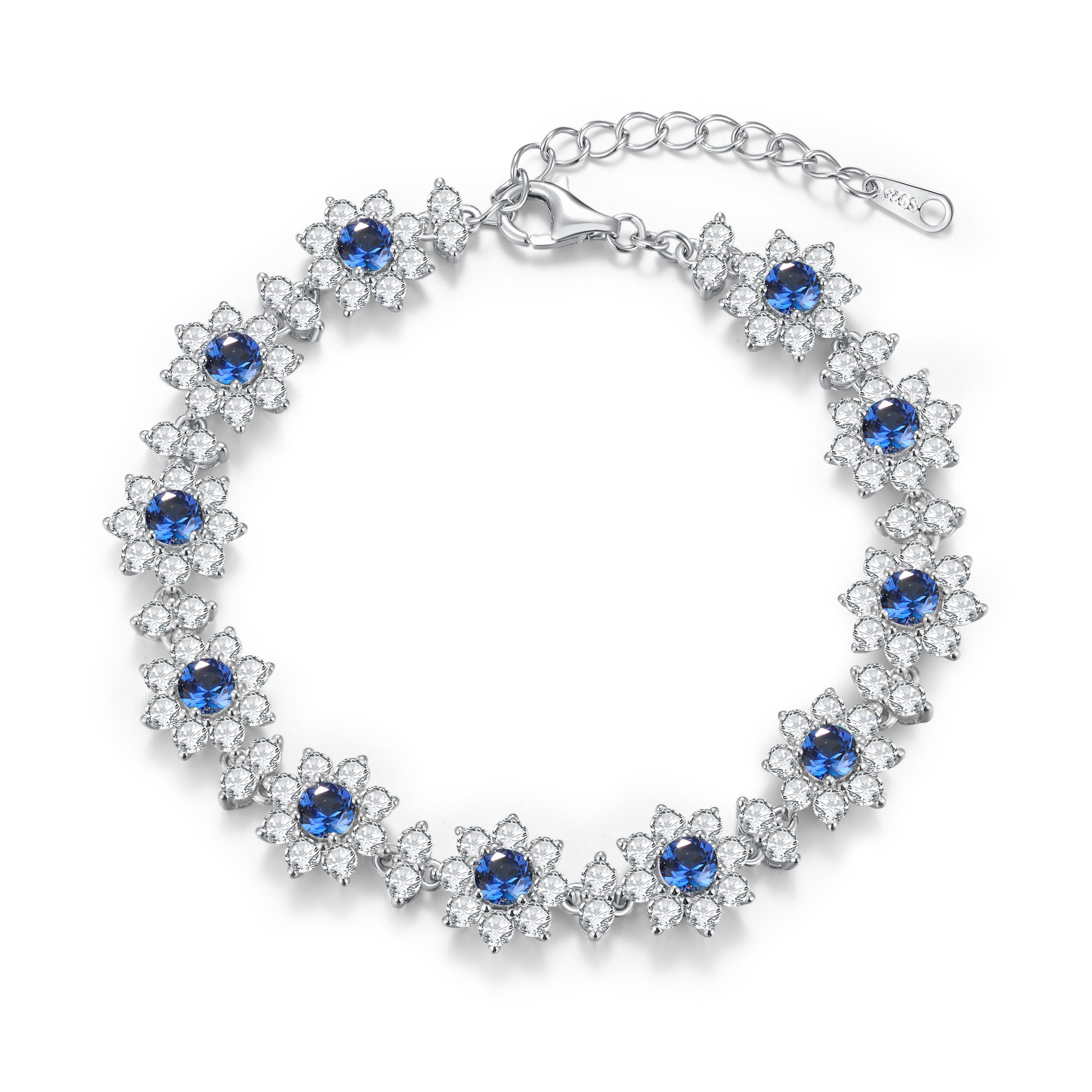 Lab-Grown Colored Gemstone Floral Bracelet (Main Stone 4.0mm) in 18K White Gold Plated Sterling Silver#1