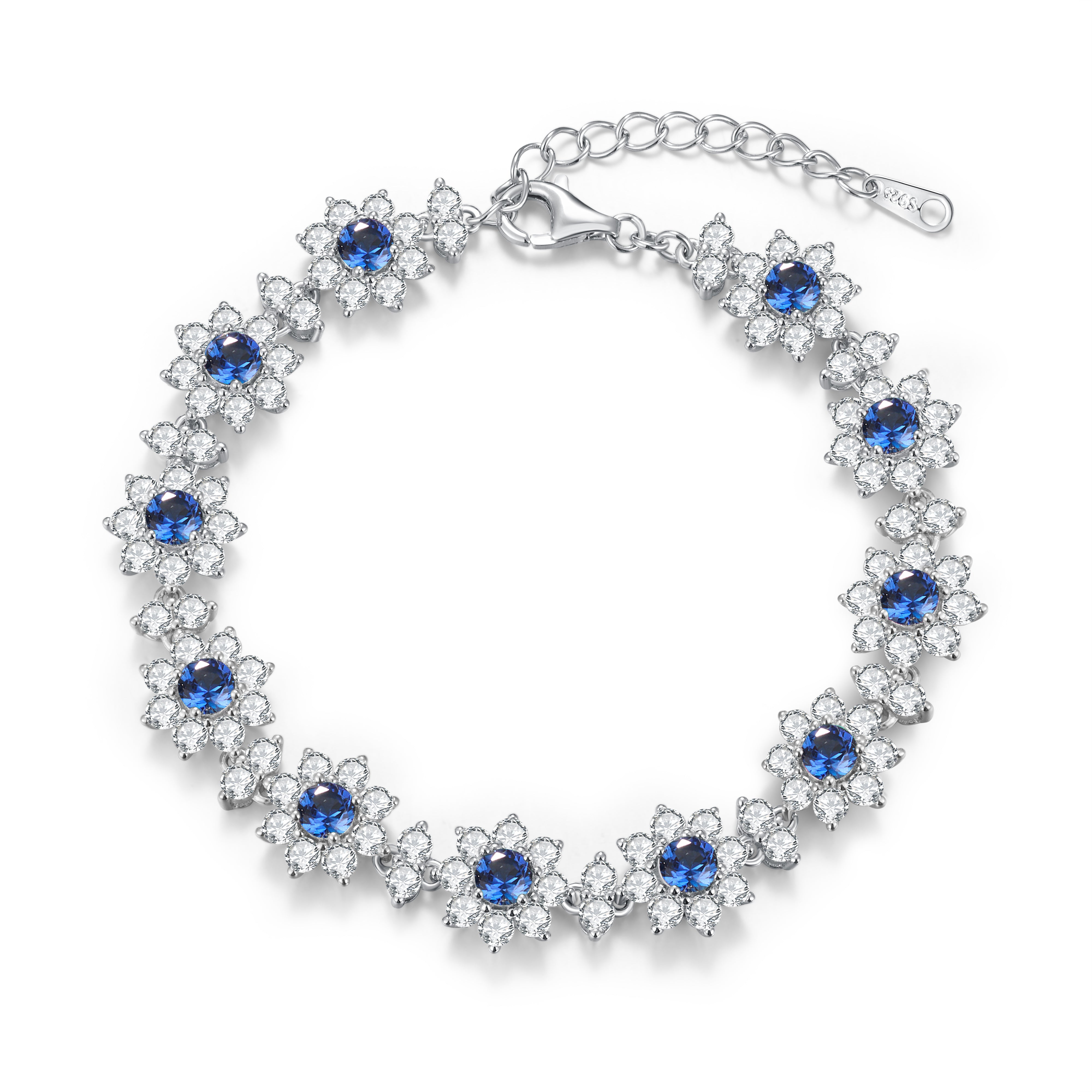 Lab-Grown Colored Gemstone Floral Bracelet (Main Stone 4.0mm) in 18K White Gold Plated Sterling Silver#1