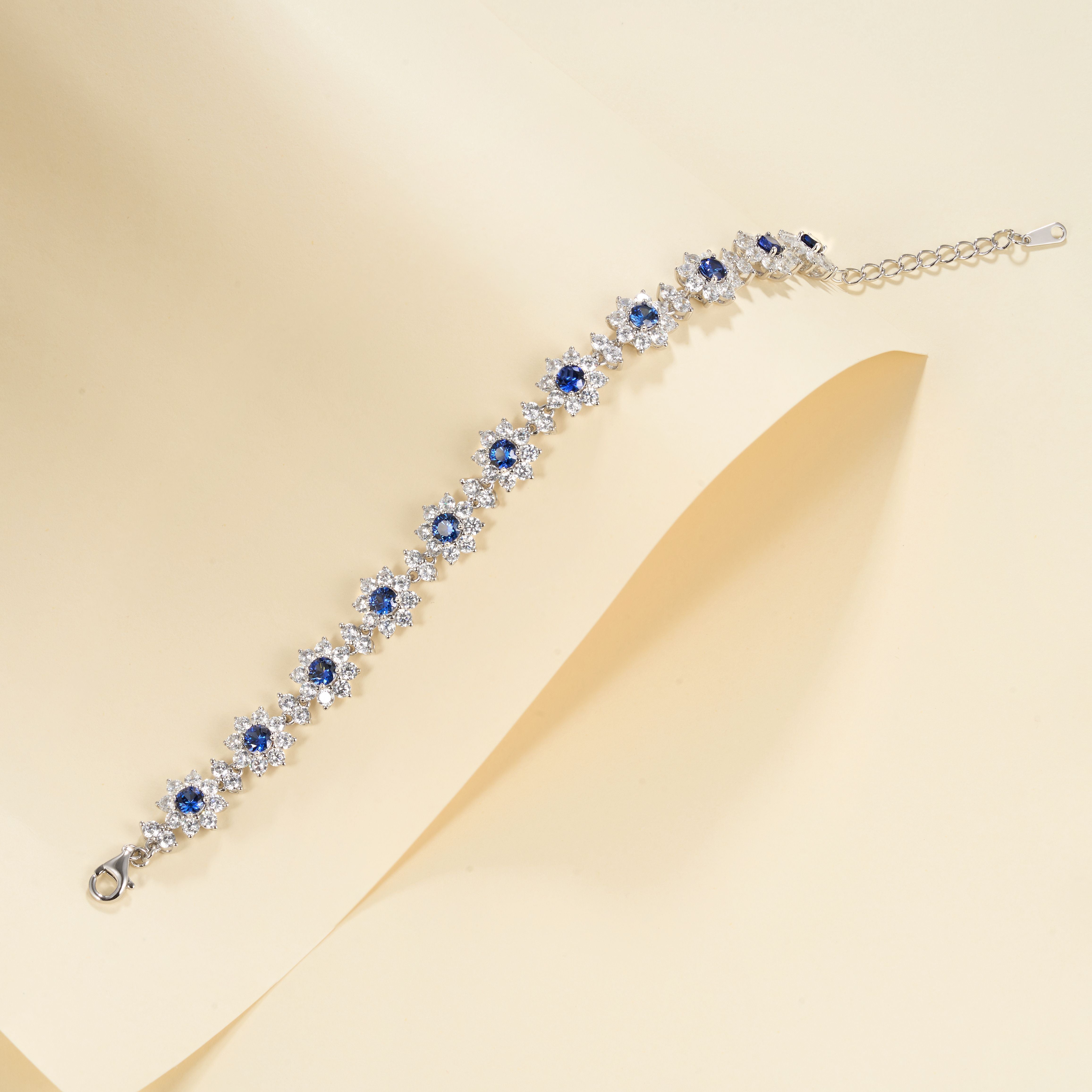 Lab-Grown Colored Gemstone Floral Bracelet (Main Stone 4.0mm) in 18K White Gold Plated Sterling Silver#6