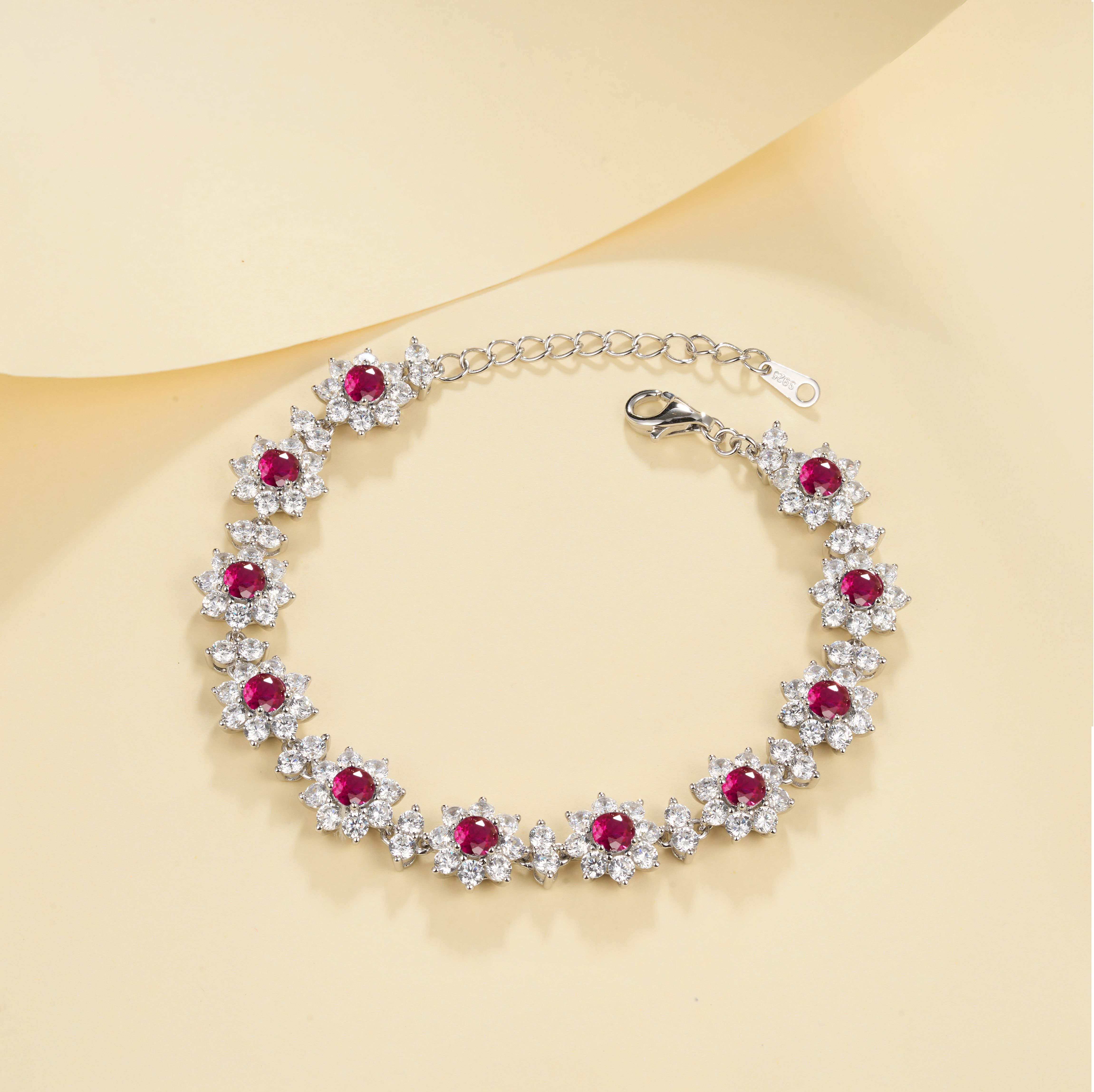 Lab-Grown Colored Gemstone Floral Bracelet (Main Stone 4.0mm) in 18K White Gold Plated Sterling Silver#4