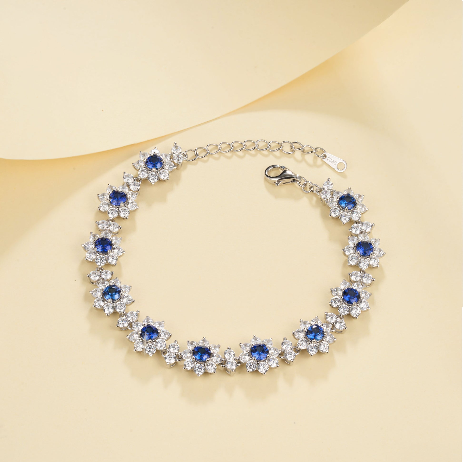 Lab-Grown Colored Gemstone Floral Bracelet (Main Stone 4.0mm) in 18K White Gold Plated Sterling Silver#3