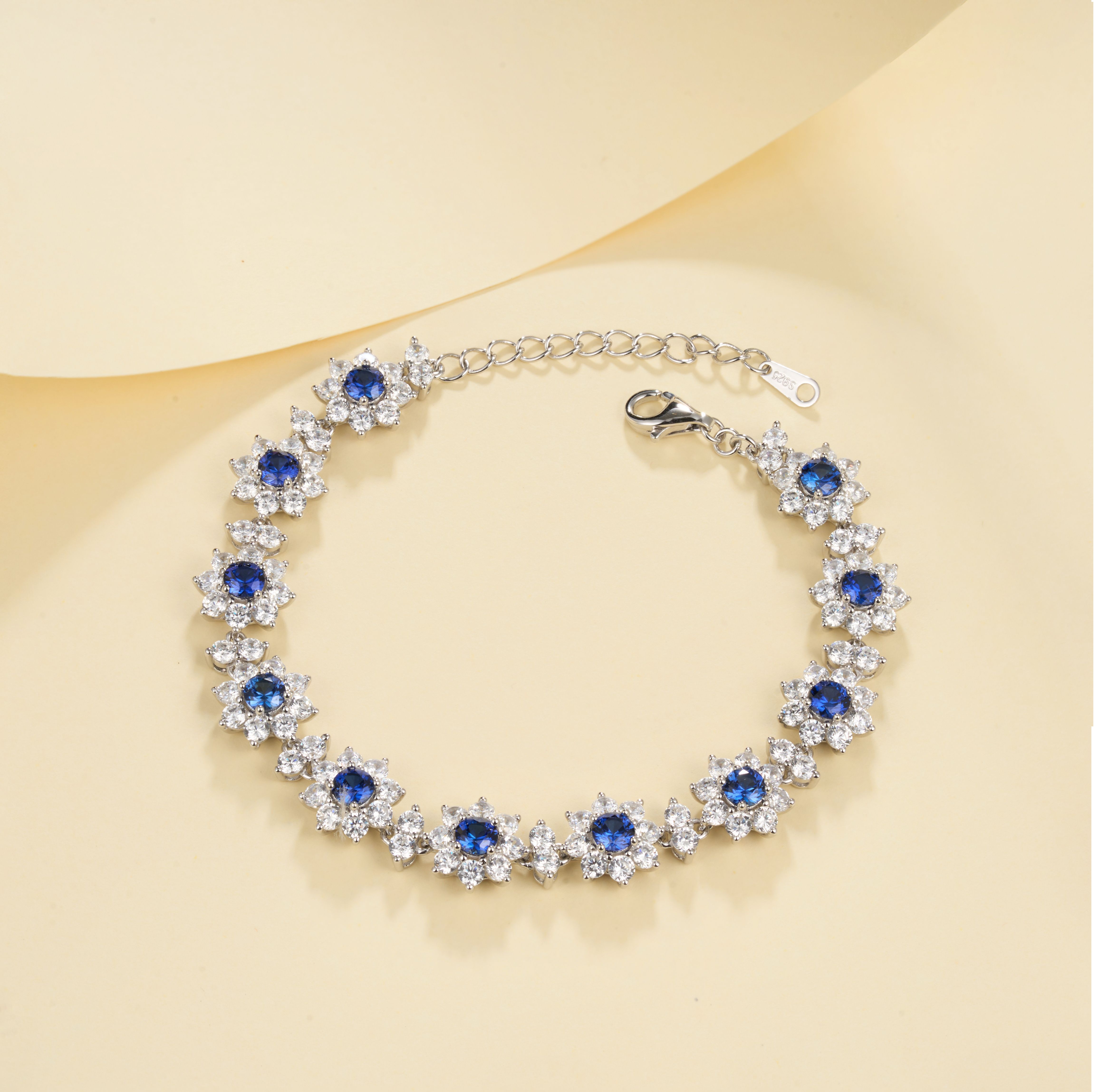 Lab-Grown Colored Gemstone Floral Bracelet (Main Stone 4.0mm) in 18K White Gold Plated Sterling Silver#3