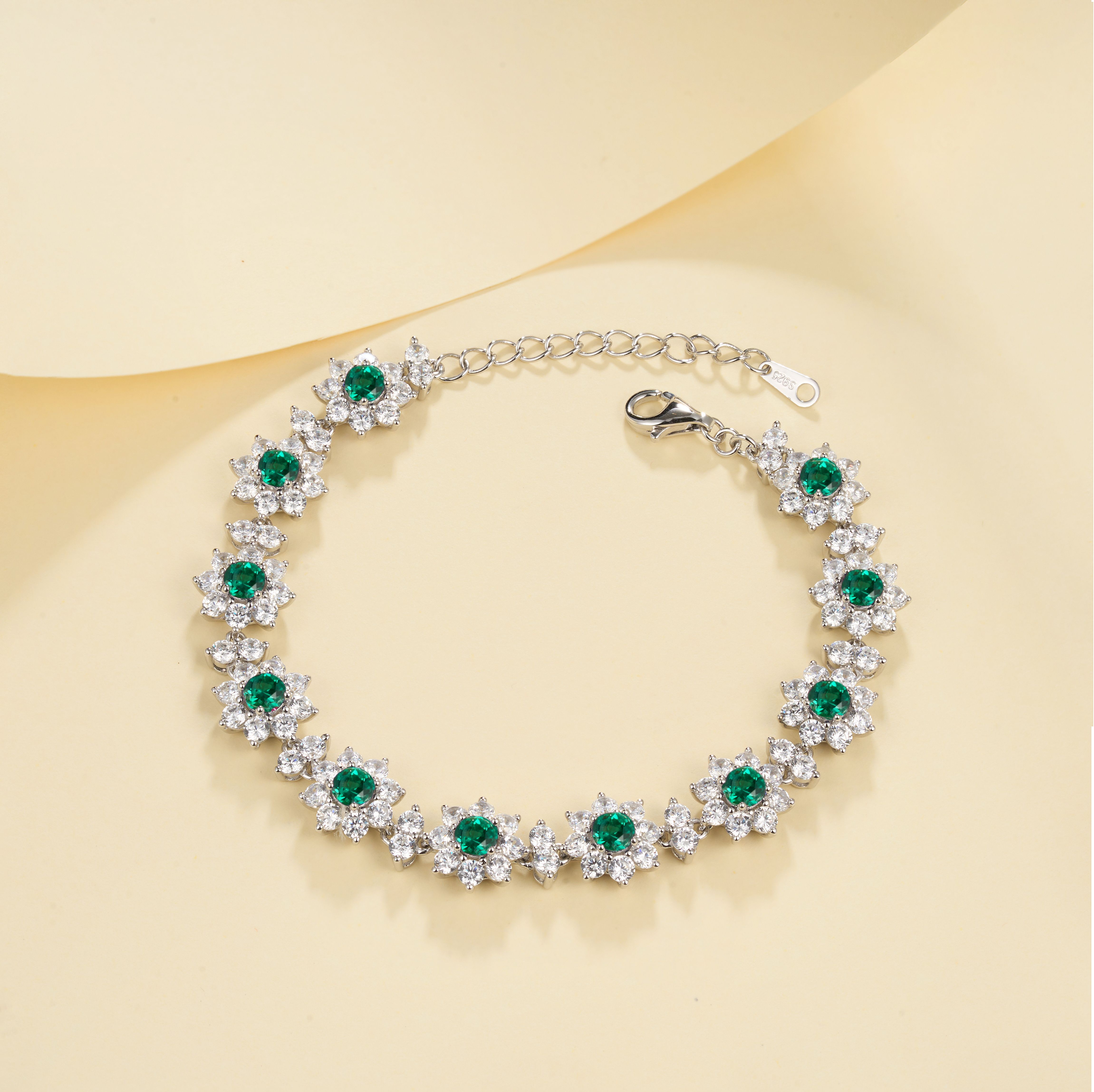 Lab-Grown Colored Gemstone Floral Bracelet (Main Stone 4.0mm) in 18K White Gold Plated Sterling Silver#5