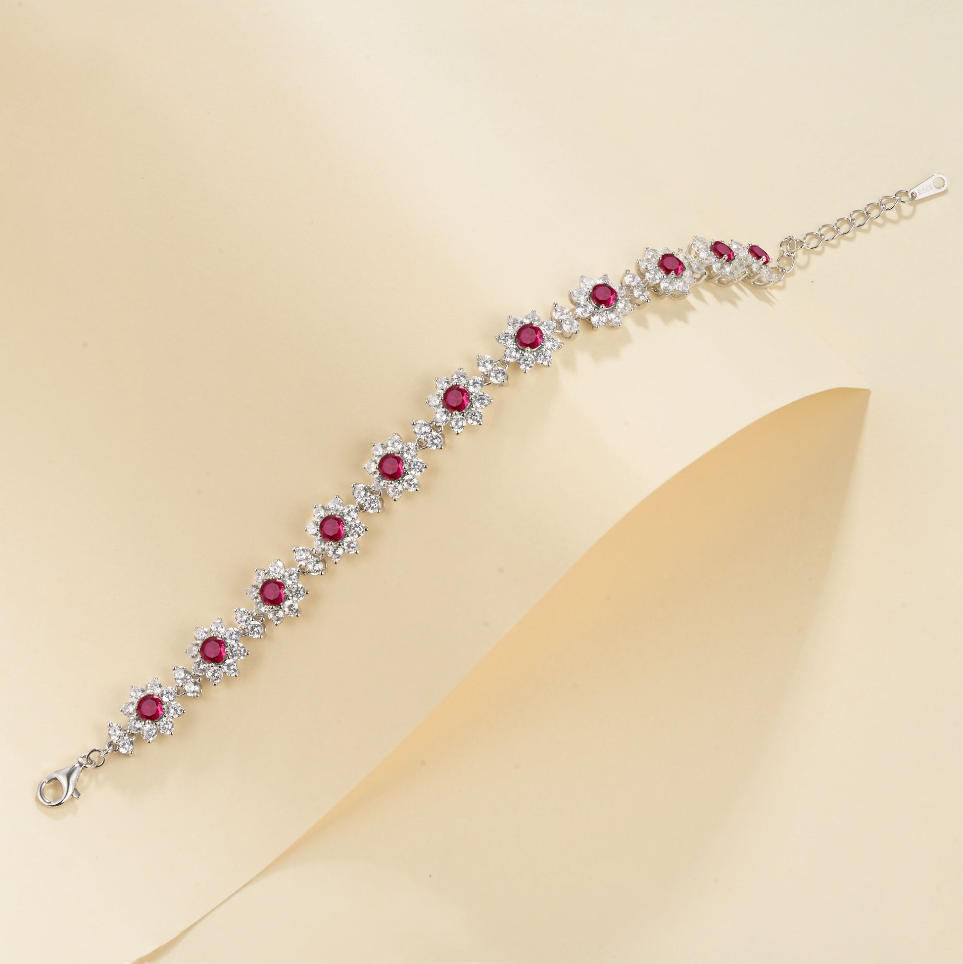 Lab-Grown Colored Gemstone Floral Bracelet (Main Stone 4.0mm) in 18K White Gold Plated Sterling Silver#7