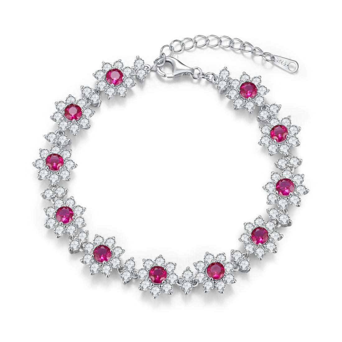 Lab-Grown Colored Gemstone Floral Bracelet (Main Stone 4.0mm) in 18K White Gold Plated Sterling Silver#0