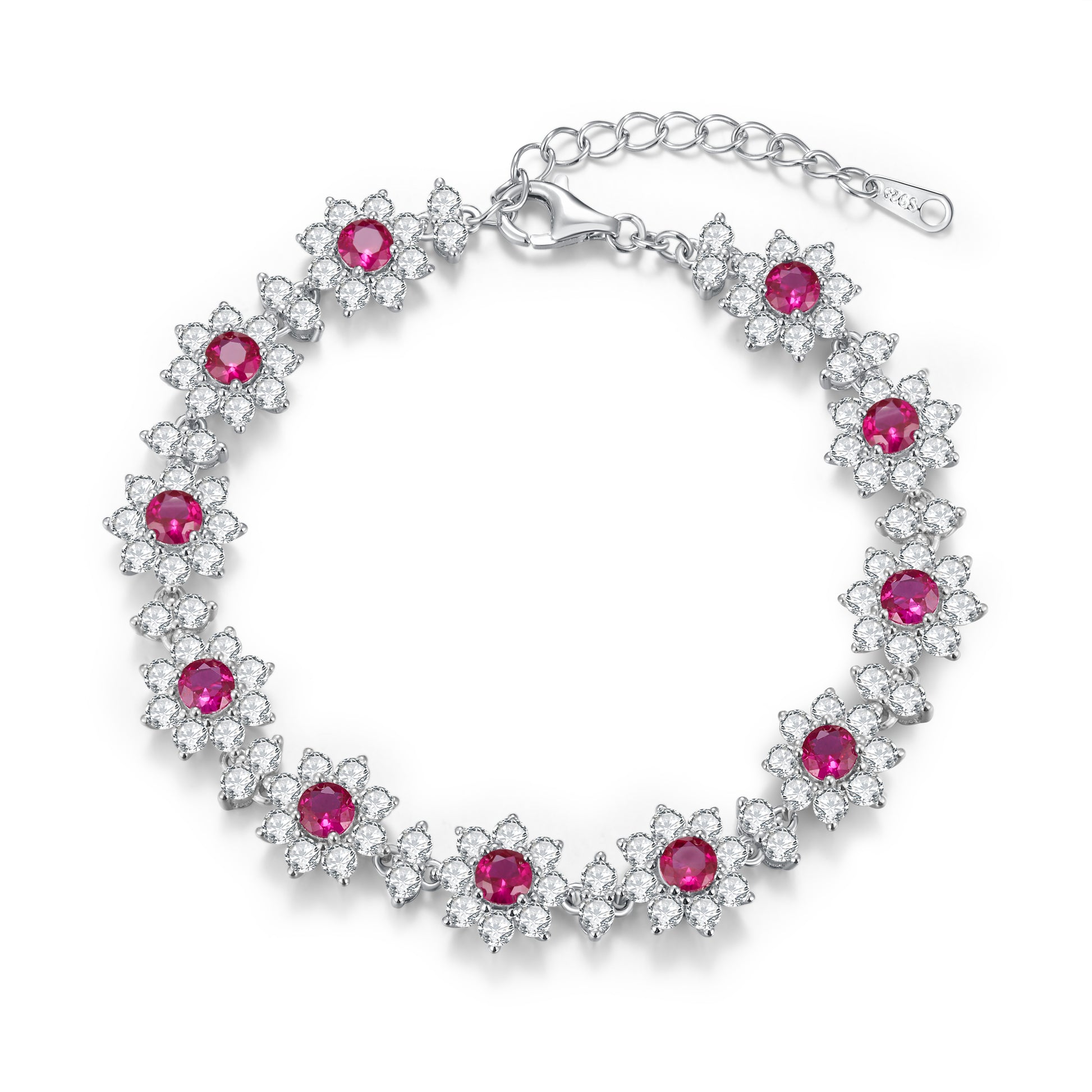 Lab-Grown Colored Gemstone Floral Bracelet (Main Stone 4.0mm) in 18K White Gold Plated Sterling Silver#0