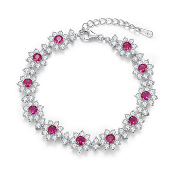 Lab-Grown Colored Gemstone Floral Bracelet (Main Stone 4.0mm) in 18K White Gold Plated Sterling Silver#0
