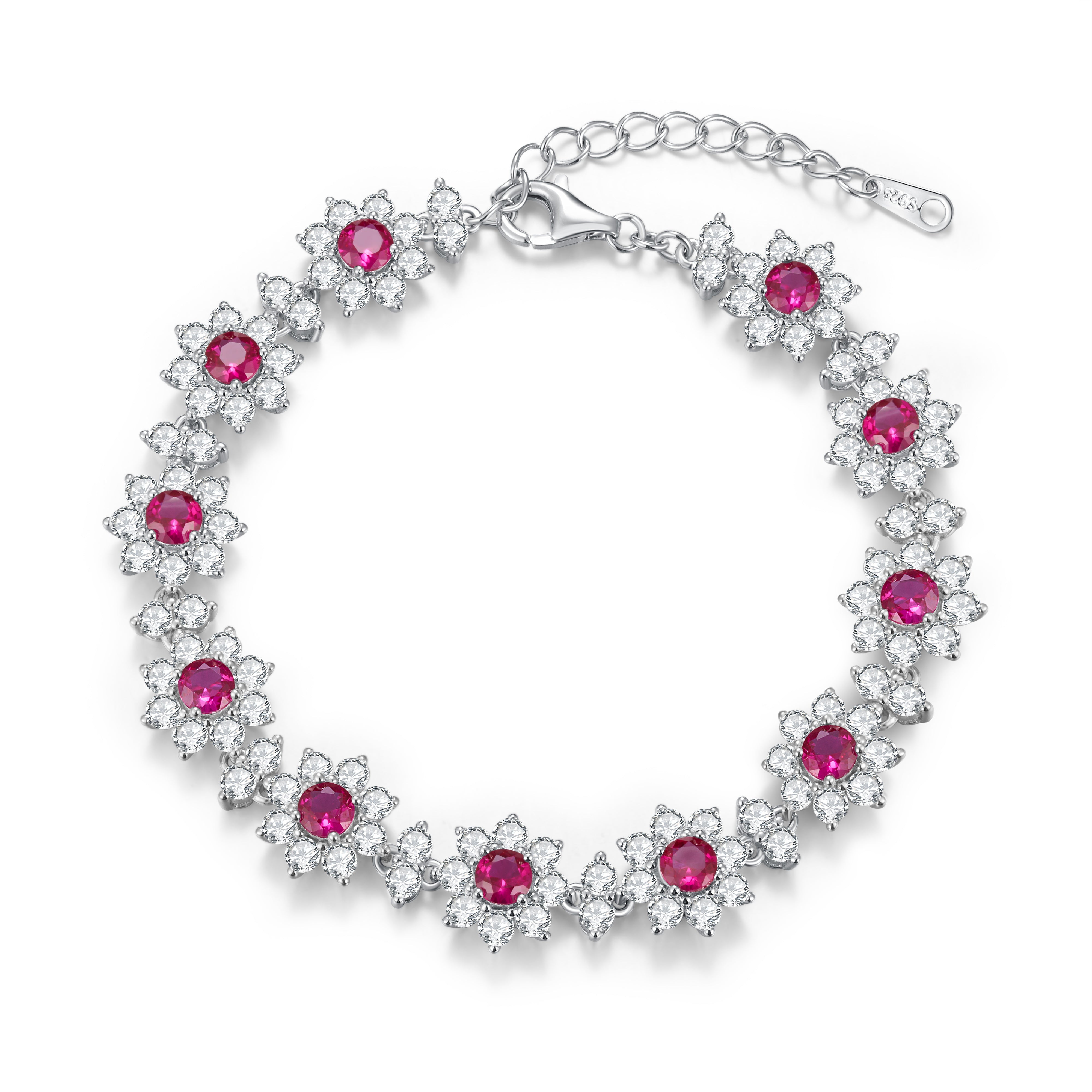 Lab-Grown Colored Gemstone Floral Bracelet (Main Stone 4.0mm) in 18K White Gold Plated Sterling Silver#0