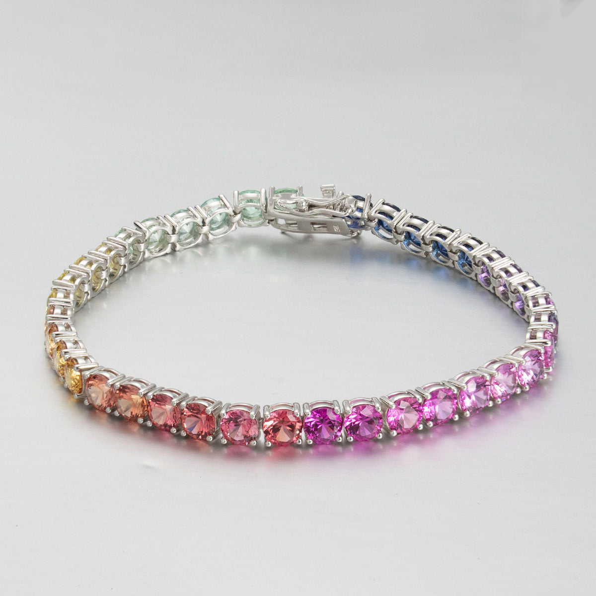 5.0mm Each Lab-Grown Colored Gemstone Rainbow Bracelet in 18K White Gold Plated Sterling Silver#4
