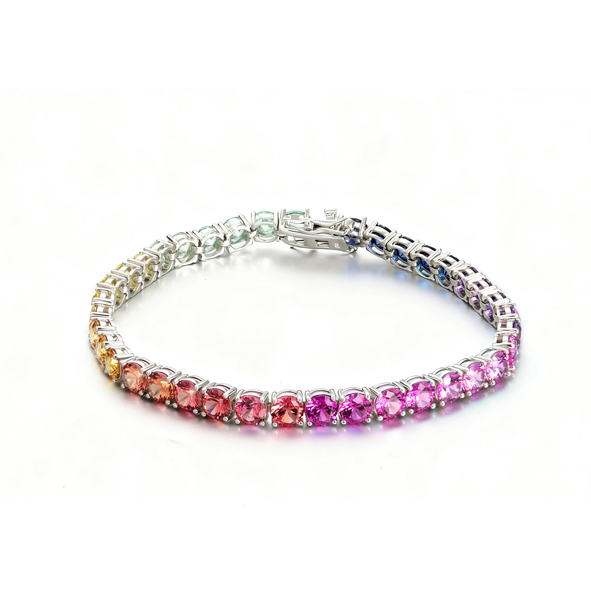 5.0mm Each Lab-Grown Colored Gemstone Rainbow Bracelet in 18K White Gold Plated Sterling Silver#0
