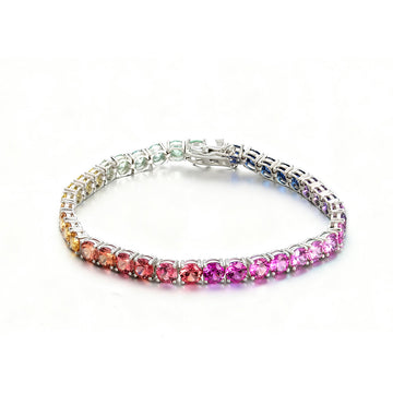 5.0mm Each Lab-Grown Colored Gemstone Rainbow Bracelet in 18K White Gold Plated Sterling Silver#0
